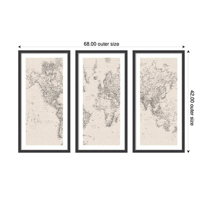 Vintage Black and White World Map Linen 3 Piece Framed Wall Art Print Set by The Creative Bunch Studio