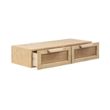 Light wood floating console with two close-to-open drawers featuring woven rattan panels on the drawer fronts against a white background.