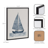 Nautical-themed sailboat print in blue tones with stylized waves, framed in thin black oak wood, shown with dimensions and hanging details.
