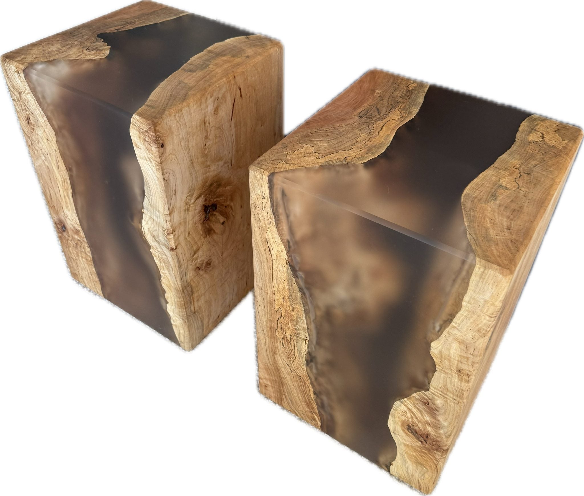 Two wooden side tables with a natural maple finish and epoxy accents on a white background