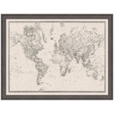 Framed world map printed in black lines on white linen fabric with detailed vintage-style geographic features and a gray wooden frame.