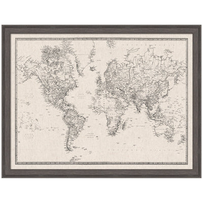 Framed Fabric Pinboard Vintage Black and White Linen World Map Wall Organization