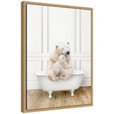 Framed canvas of mother and baby polar bear in a traditional vintage bathtub