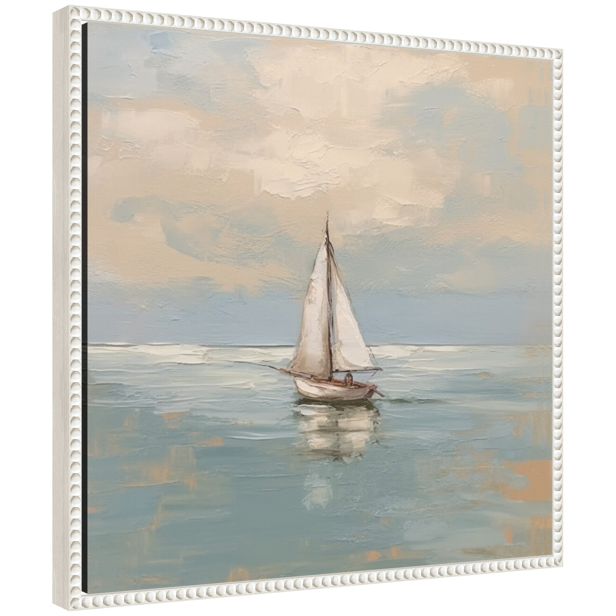 Sylvie Calm Pastel Sailboat Landscape framed canvas art showing a soft pastel sailboat scene with a floating frame
