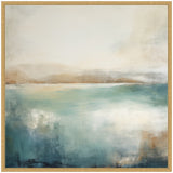Abstract landscape painting with soft beige sky and blended horizontal bands of teal and turquoise water reflecting subtle light, framed in light wood.