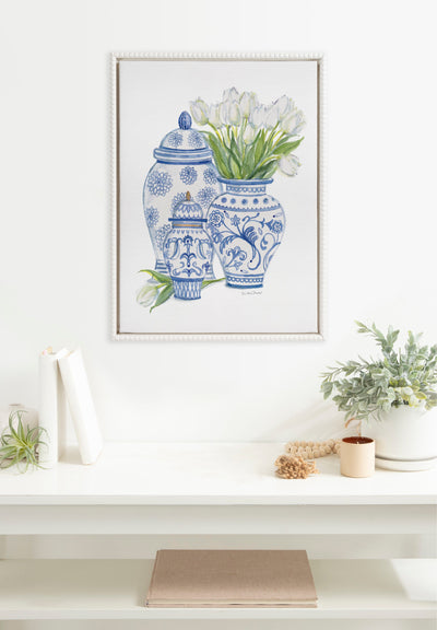 Sylvie Beaded Chinoiserie Jars with White Tulips Framed Canvas by Patricia Shaw