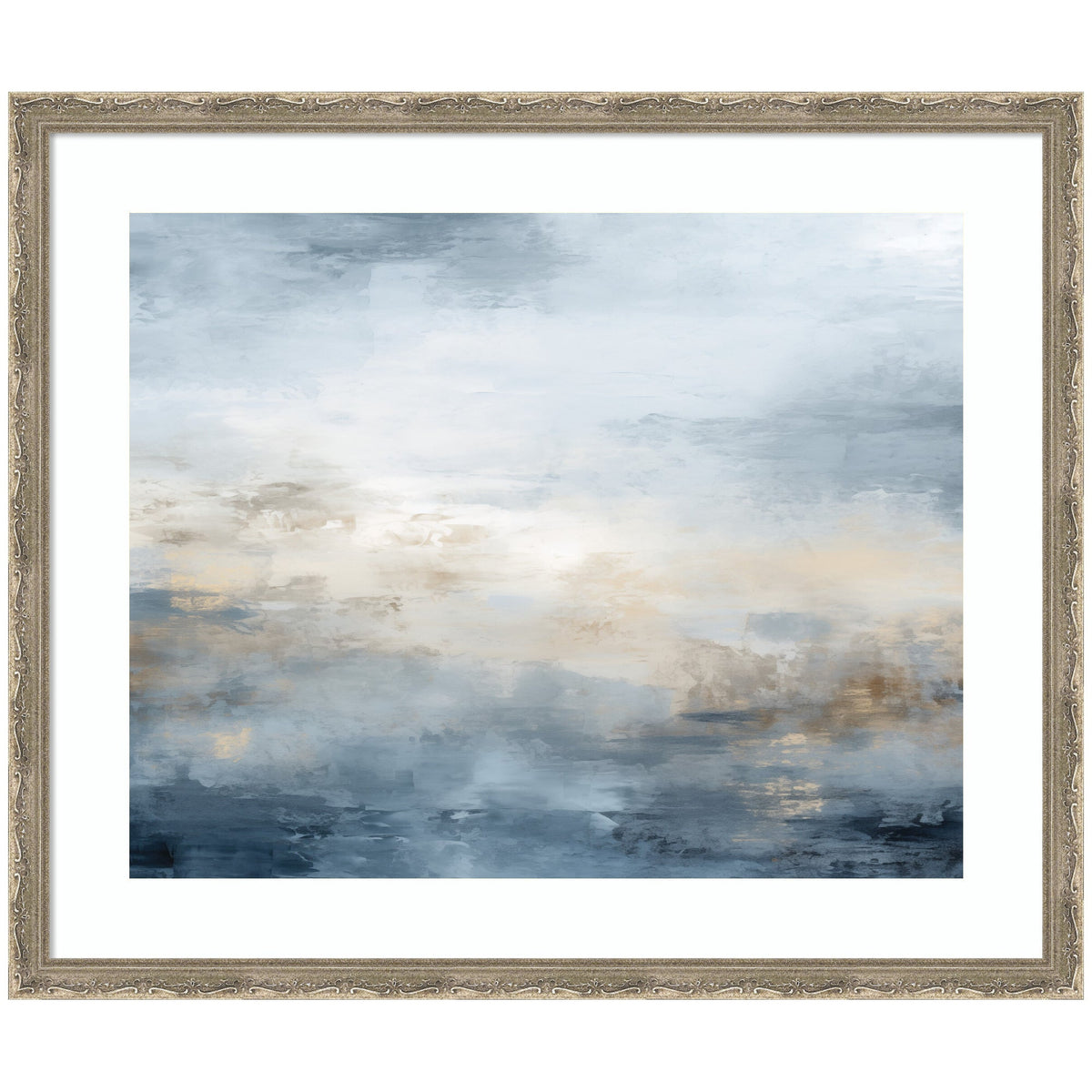 Framed horizontal abstract painting with blended shades of blue, gray, and beige evoking a serene oceanic and nautical atmosphere.