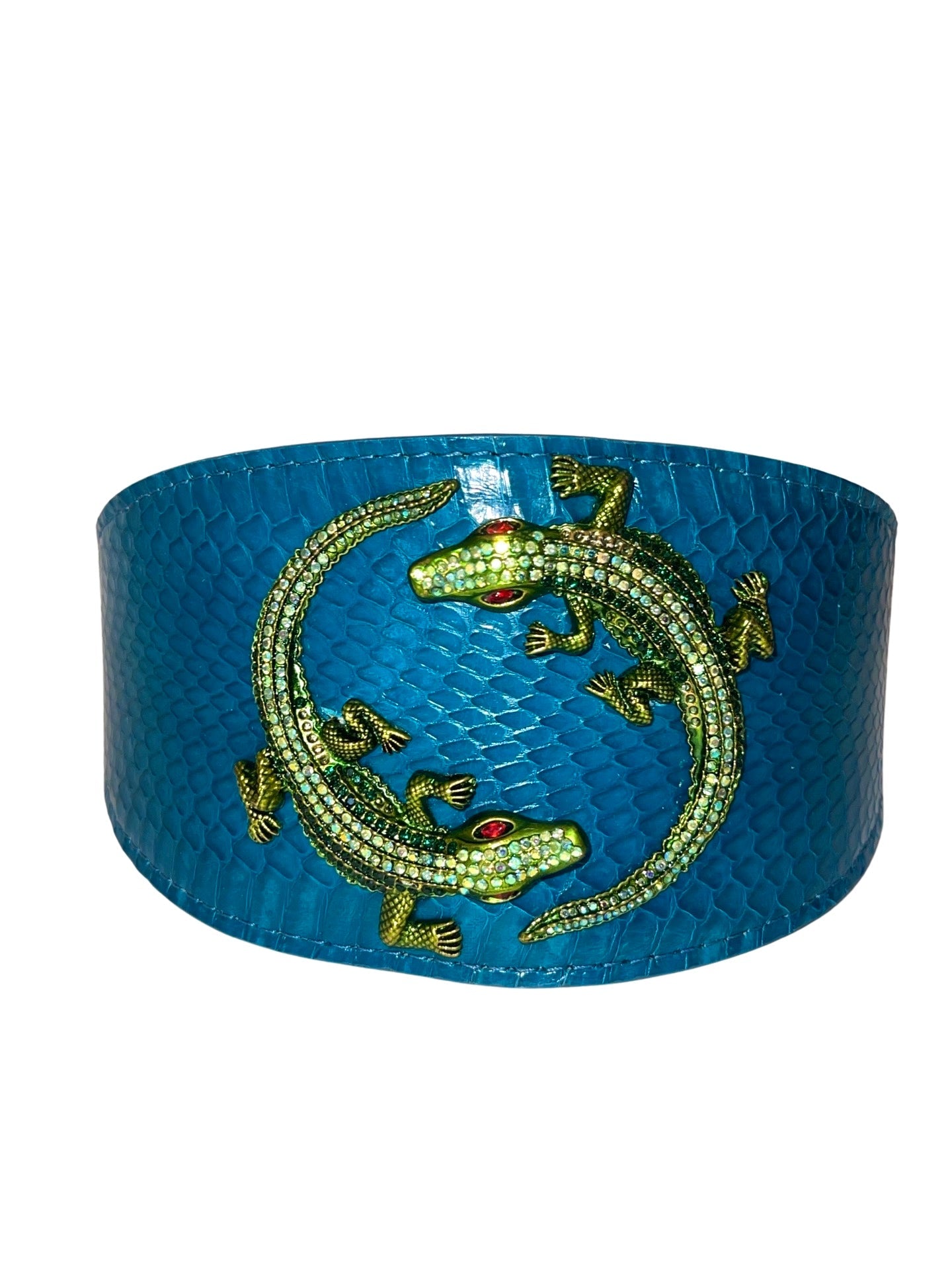 Dark Turquoise 3” Wide Style Snake Collar With Green Rhinestone Alligators
