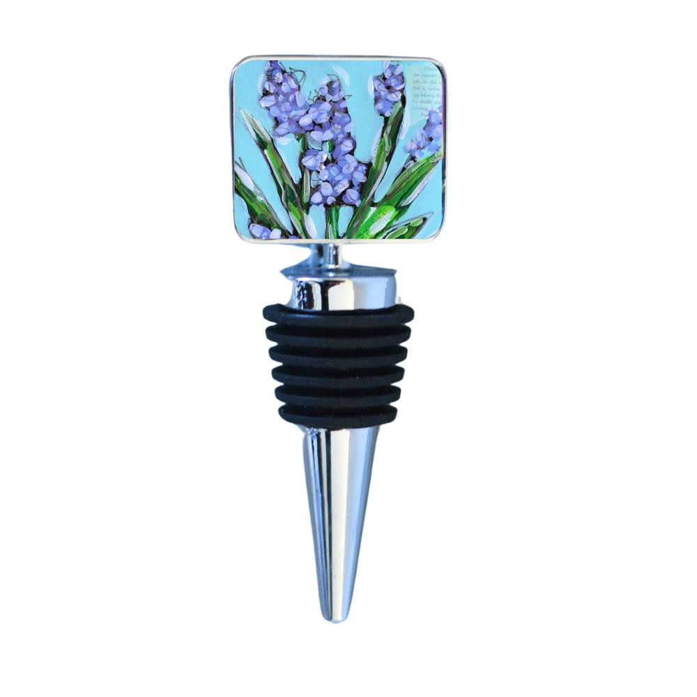 Wine Bottle Stopper featuring lavendar-inspired artwork on a stainless steel base