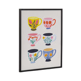 Six stylized coffee cups with colorful botanical patterns in two vertical rows on a white background, framed in simple black and shown at an angle.