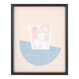 Minimalist print of an old fashioned cocktail with pale pink liquid, red cherry, orange slice, and blue semicircle with white squares on light background, framed in black.