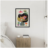 Stylized black cat curled around a teapot and cups on a striped table with hanging plants and pendant lights, on a framed canvas in a minimalist bedroom.