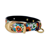 XS dog collar featuring a vibrant floral pattern in orange, blue, purple, and green on white, with a polished gold buckle and D-ring.