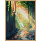 Abstract forest scene with vertical dark green tree trunks and sunbeams shining through vibrant yellow and orange leaves, illuminating a winding path below.