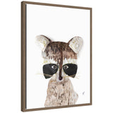 Framed artwork of a raccoon composed of brown and white textured patches for fur, with black mask-like eye markings and delicate whiskers on a white background.