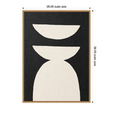 Abstract geometric canvas with three off-white shapes stacked vertically on a dark charcoal background, framed in light natural wood, with outer size 28 by 38 inches.