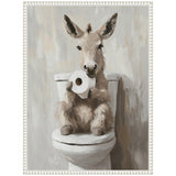 Painting of a cute donkey sitting on a white toilet holding a roll of toilet paper, set against a beige textured background with a white decorative frame.