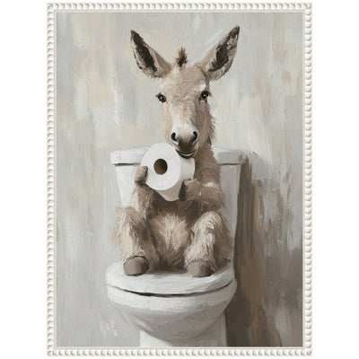 Sylvie Cute Donkey Holding Toilet Paper Roll Toilet Bathroom Art Framed Canvas
