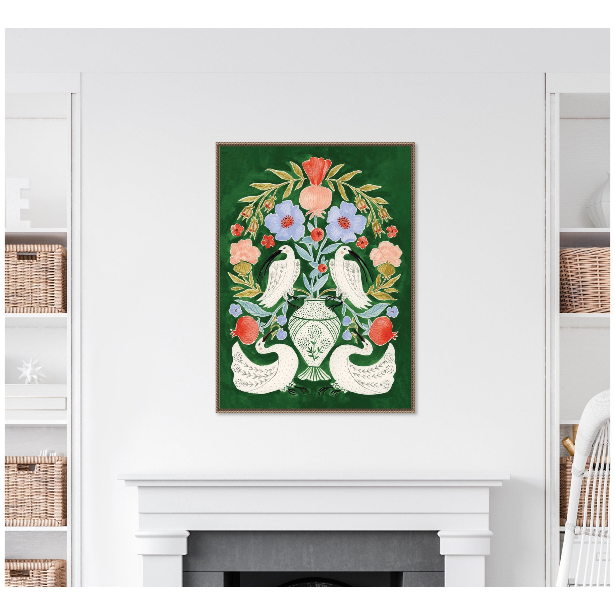 Floral Folklore Ibises and Swan by Jill Labieniec Framed Canvas Wall Art Print