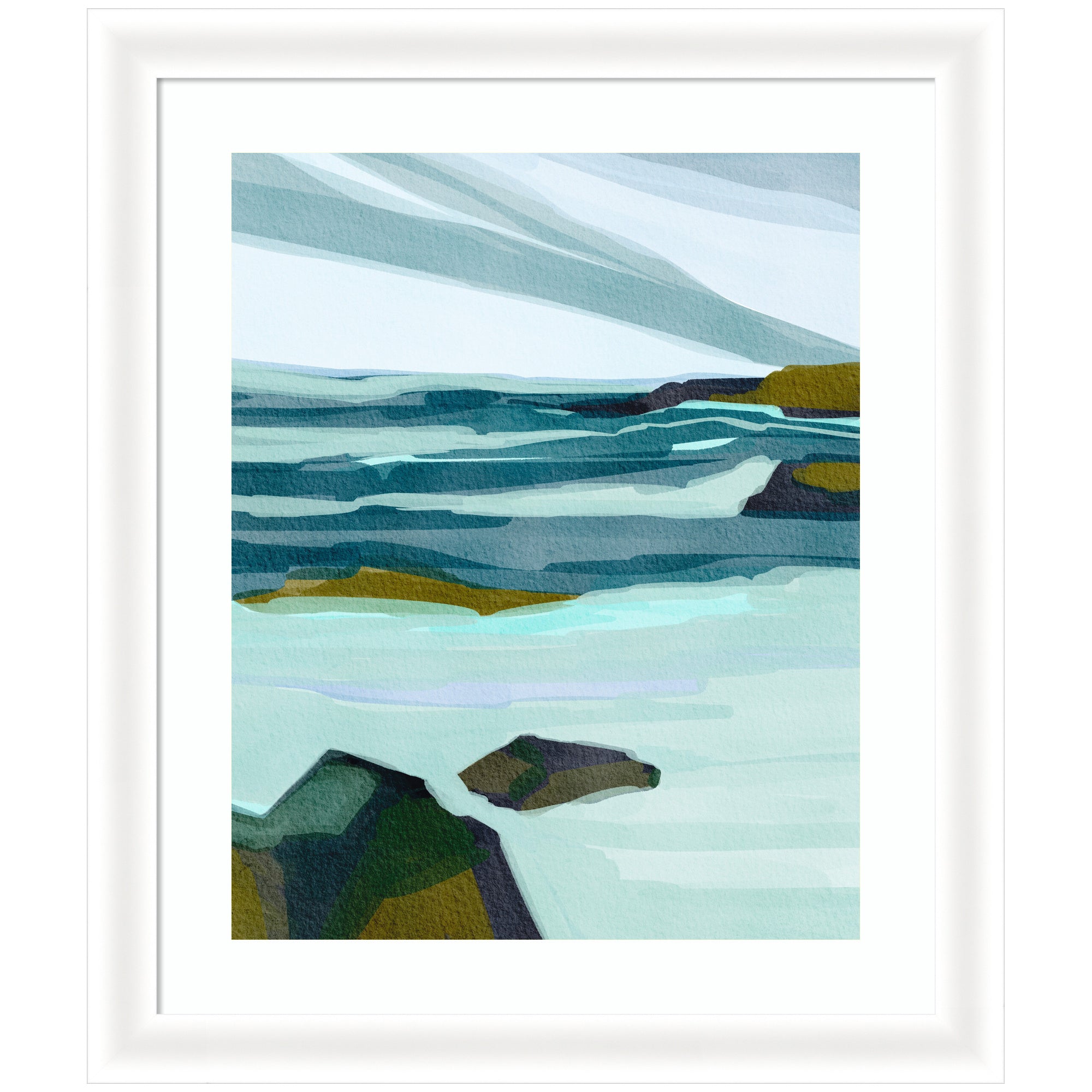 Framed Ocean Breeze artwork showing abstract seascape with blue and green watercolor waves in a coastal-style frame
