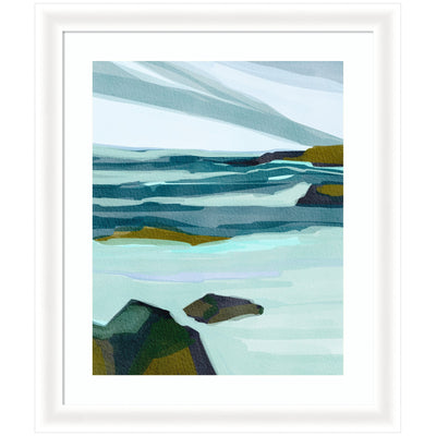 Framed Ocean Breeze artwork showing abstract seascape with blue and green watercolor waves in a coastal-style frame