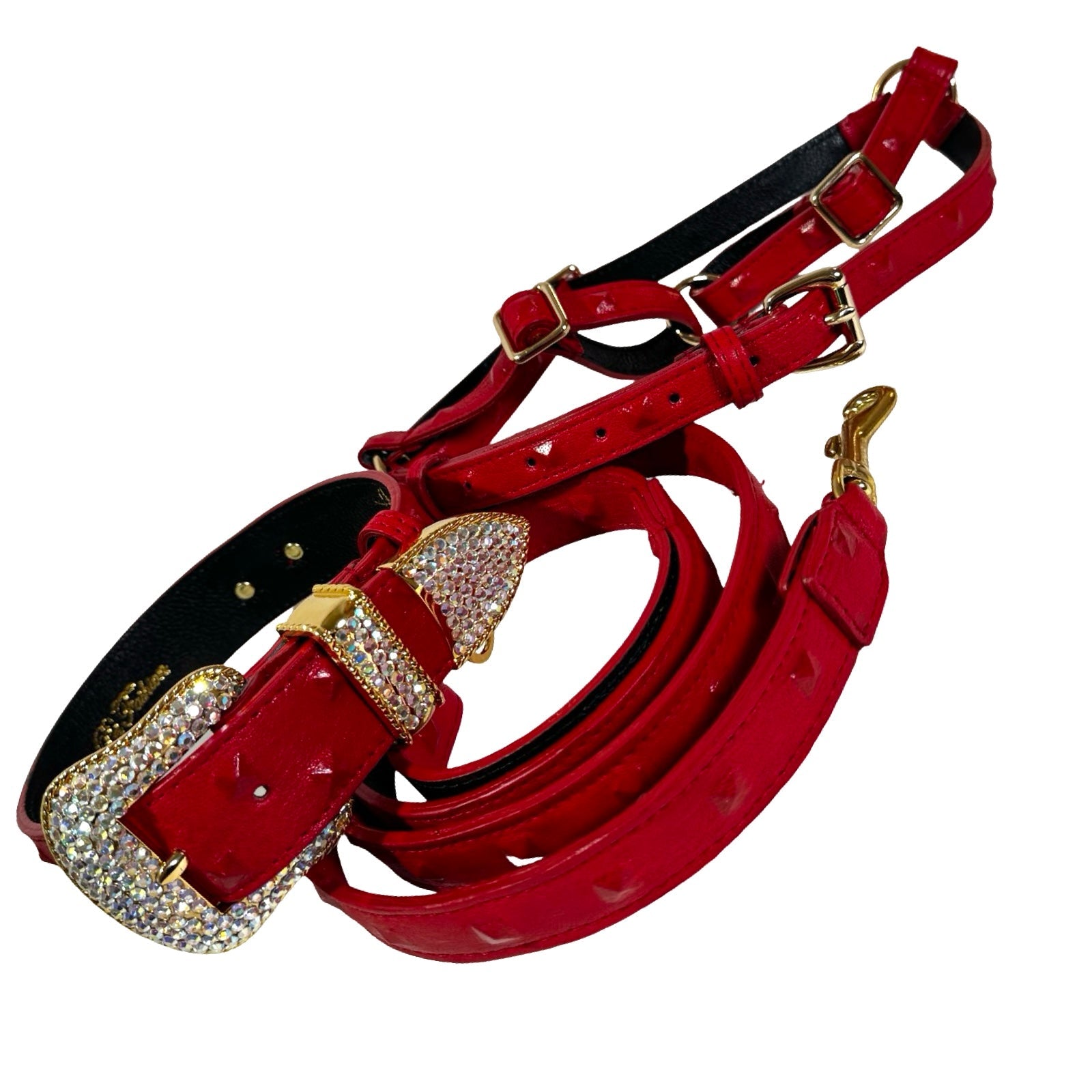 Red studded embossed leather pet collar, leash, and harness set with gold frosted crystal hardware
