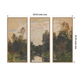 Three-panel framed canvas art showing a muted landscape with trees and a river under a soft, cloudy sky in earthy tones, arranged side by side.