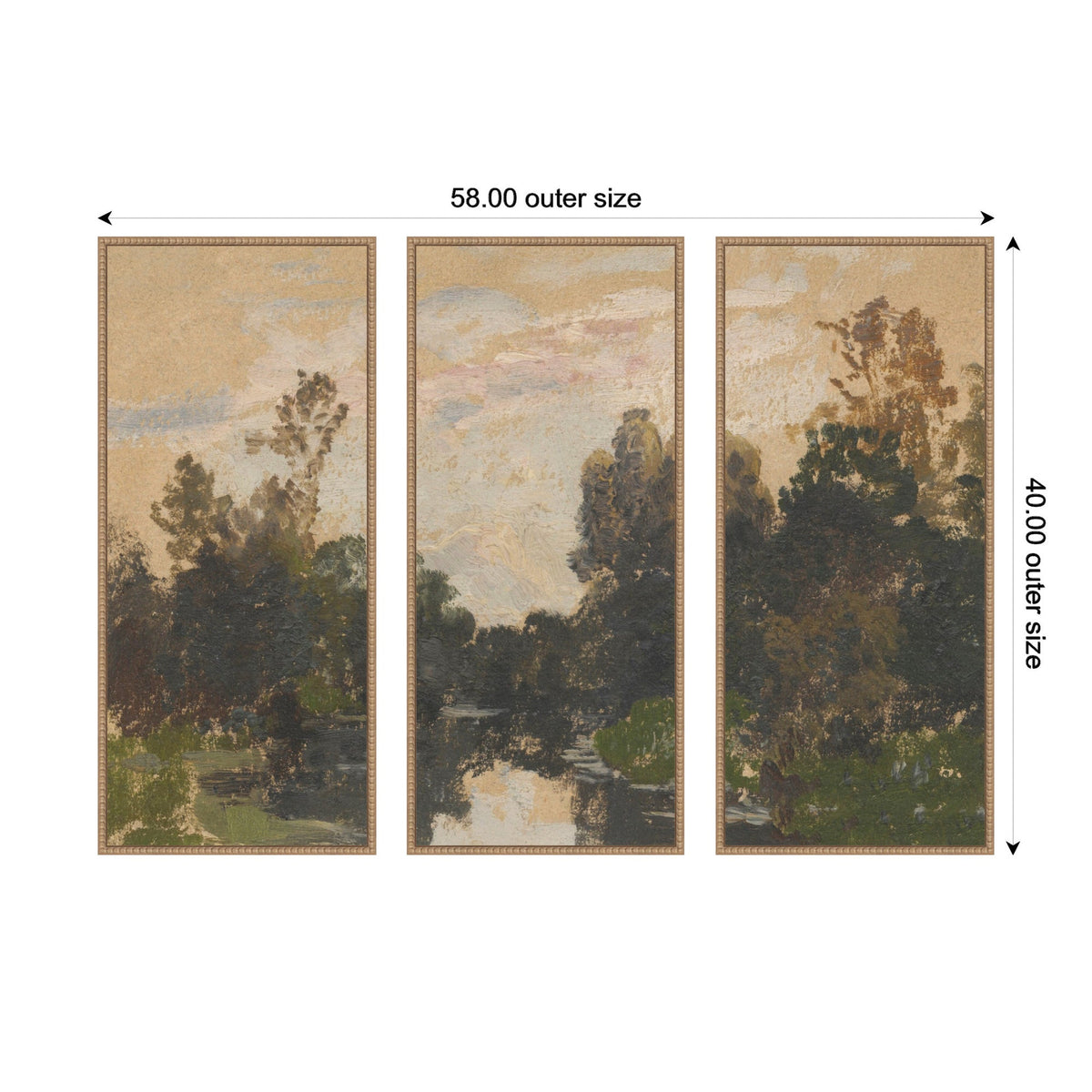 Three-panel framed canvas art showing a muted landscape with trees and a river under a soft, cloudy sky in earthy tones, arranged side by side.