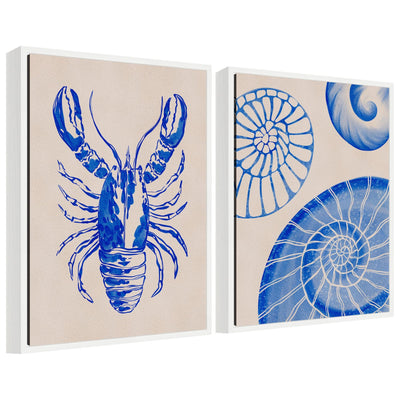 Sylvie Lobster and Ocean Charms 1 framed canvas art set showing lobster and ocean-inspired imagery in modern floating polystyrene frames