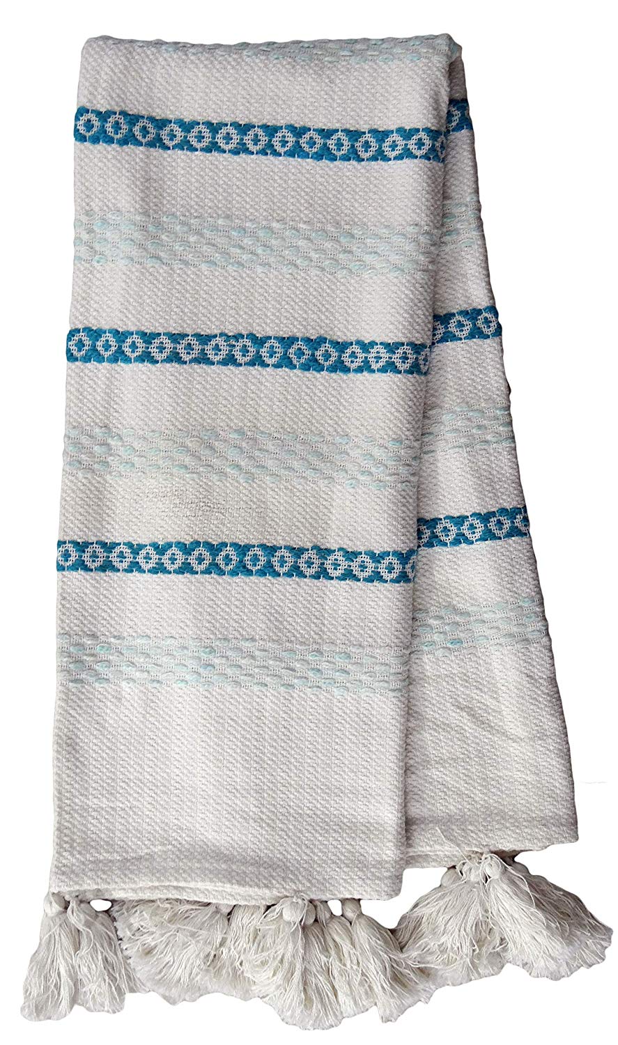 Handwoven white throw featuring alternating turquoise geometric patterned and light blue striped bands, finished with thick white braided tassels on one edge.