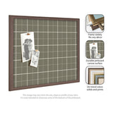 Square fabric pinboard with sage green plaid pattern and thin white grid lines, framed in medium brown wood, displaying two black-and-white photos pinned with wooden pushpins.