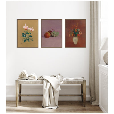Cyclamen, Still Life with Fruit, & Bouquet in a Chinese Vase Odion Redon 3 Piece Framed Canvas Wall Art Set by Nostalgia Prints
