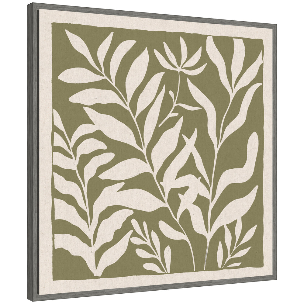 Sylvie Modern Minimalist Botanical Green and Neutral Linen Framed Canvas by The Creative Bunch Studio by kateandlaurel