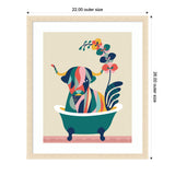 Mid-century modern art of a multicolored abstract cow sitting in a teal clawfoot bathtub with a flowering branch behind it, framed in light wood.