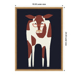 Stylized brown and white cow wearing pink glasses on a dark blue background, centered within a simple wooden frame.