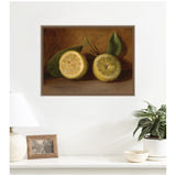 Framed 1884 painting of two halved lemons with green leaves on a brown background, hanging above a white shelf with a lamp, photo frame, and potted plant.
