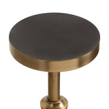 Round black marble tabletop with a brushed brass edge supported by a matching brass cylindrical pedestal and base, shown against a white background.