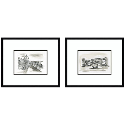 Vintage Postcard Florence & Venice 2 Piece Framed Wall Art Print Set displayed on a wall