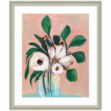 Framed Art Blush in Bloom by Nikita Jariwala showing white flowers in blue vase on pink background