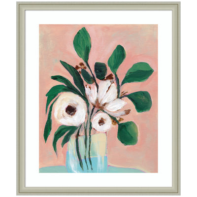 Framed Art Blush in Bloom by Nikita Jariwala showing white flowers in blue vase on pink background