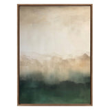 Abstract painting with soft gradients from dark green at the bottom to beige and cream tones at the top, framed in a thin wooden frame.