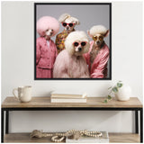 Framed art featuring four poodles styled with pink and cream fur, wearing sunglasses and colorful vintage clothing against a gray background.