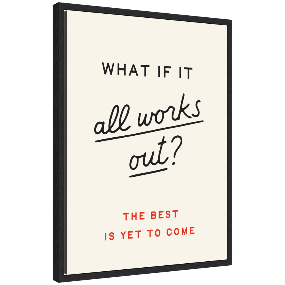 Framed canvas wall art with motivational phrase 'What if it All Works Out' in retro typography in black frame