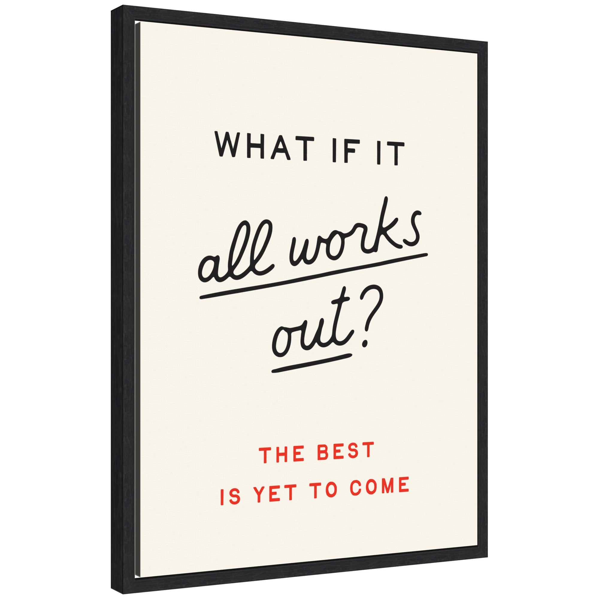 Framed canvas wall art with motivational phrase 'What if it All Works Out' in retro typography in black frame