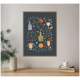 Framed artwork on dark background featuring colorful festive cocktail glasses, bottles, citrus slices, holly, and decorative swirls, hung above a wooden surface with a vase and stacked cup.