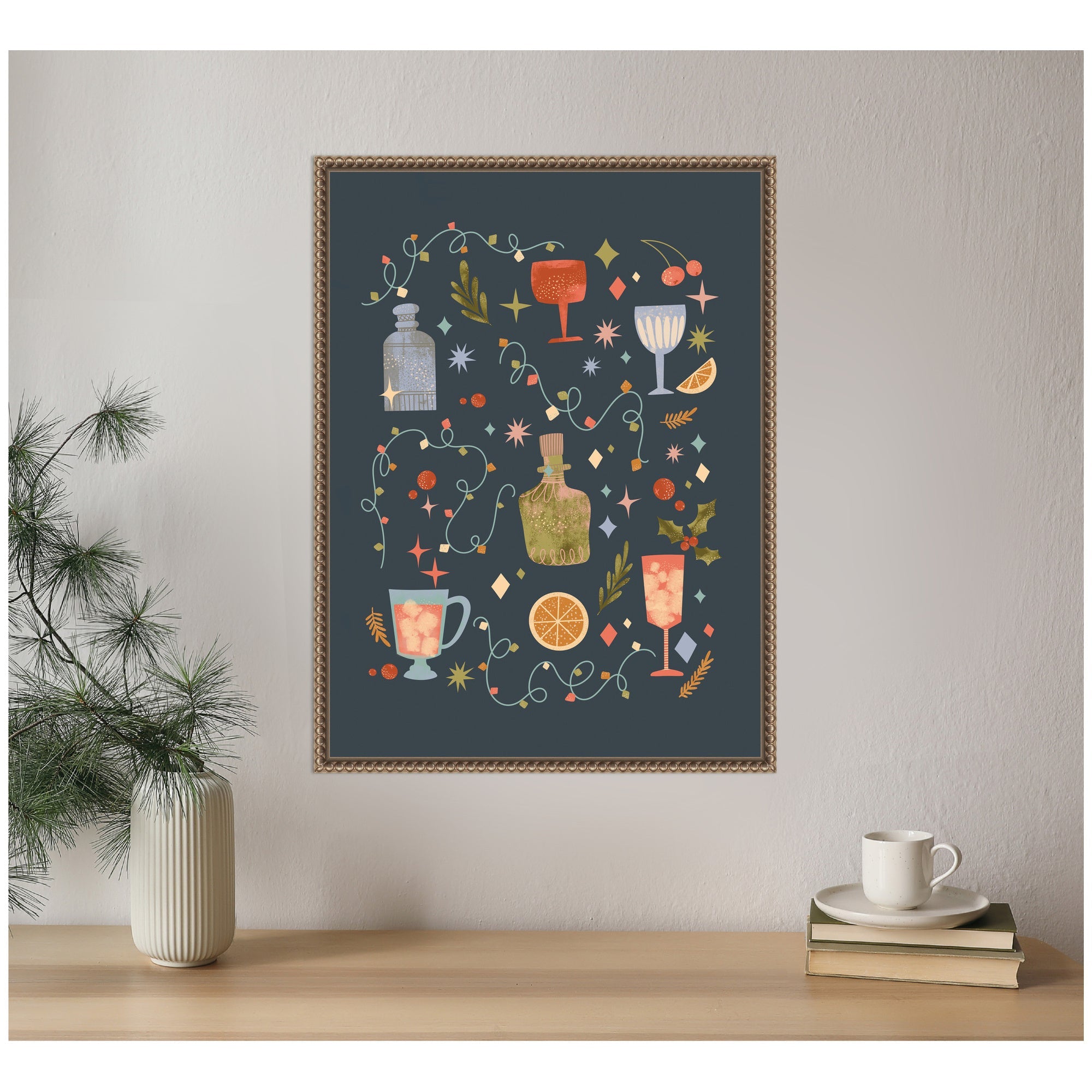 Sylvie Beaded Holiday Cocktails Framed Canvas by Nikita Jariwala