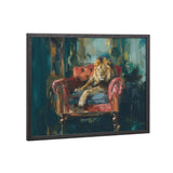 Painting of a lion reclining on a plush red armchair against a moody, abstract blue-green background