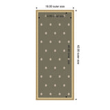 Rectangular botanical block print with olive green background and evenly spaced beige circular floral patterns in a light wood frame, dimensions labeled around edges.
