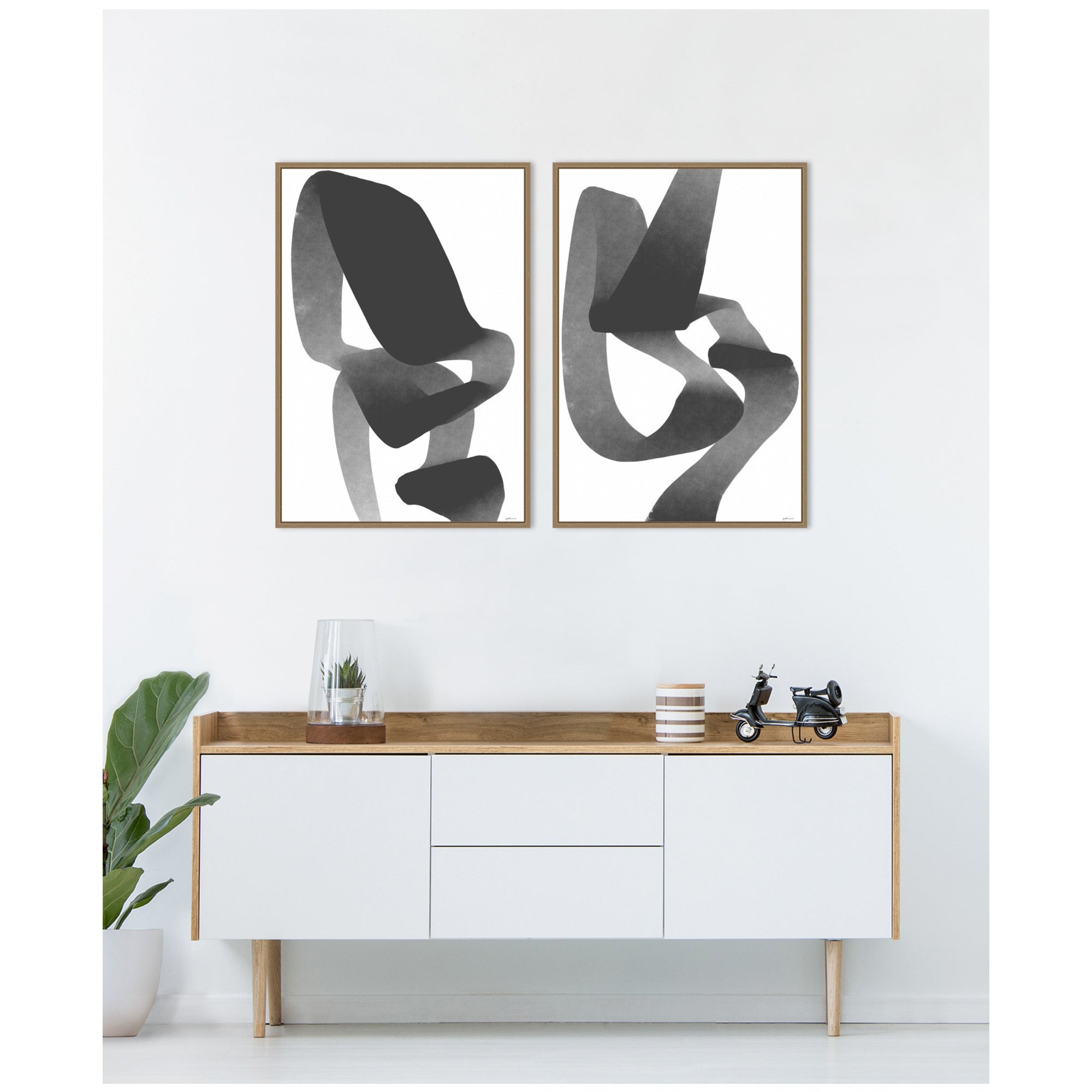 Black and White Abstract 01 & 02 2 Piece Framed Canvas Wall Art Set