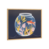 Illustration of a round fishbowl with pink and yellow aquatic plants and a single orange goldfish, set against a dark blue background in a light wood frame.